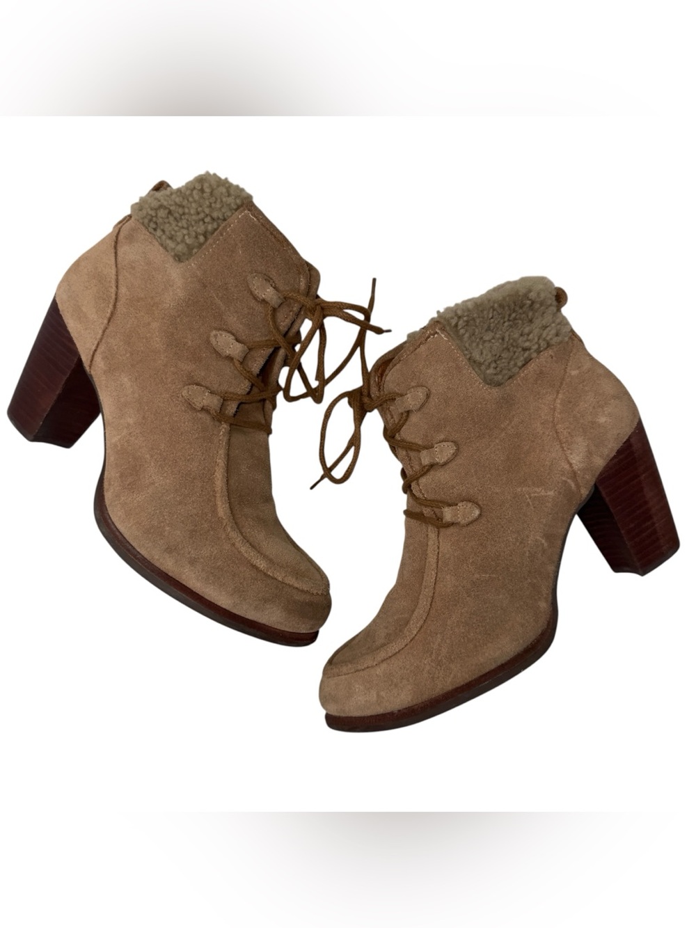 UGG Analise Chestnut Suede Sheepskin High Heel Ankle Boots Size 8
